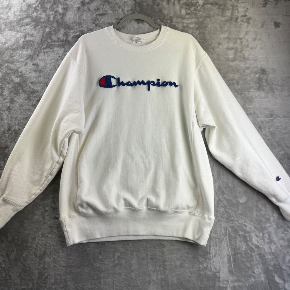 Champion Reverse Weave Sweatshirt Women Large White Chenille Script Logo (1845)
